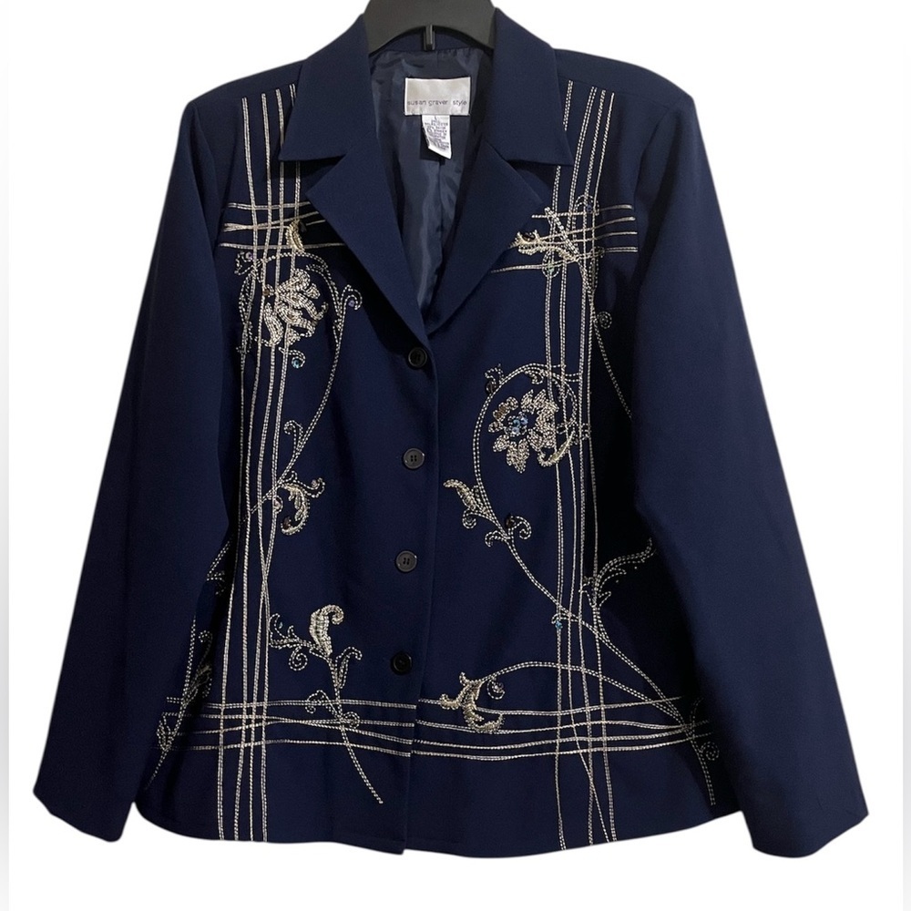 Susan Graver Navy Blue Embroidered Sequins Beaded Button Down Jacket Blazer L
